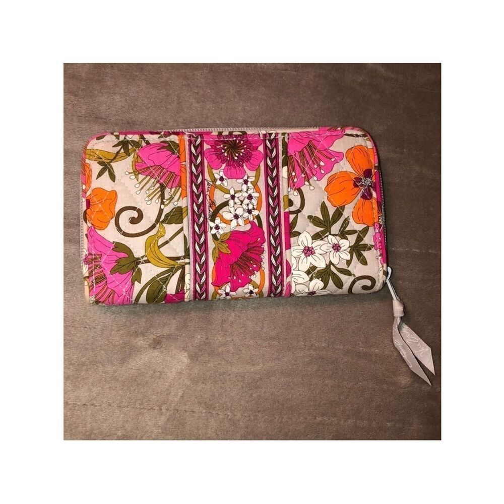 VB Tea Garden Gray Pink Orange White Fuchsia Quilted Floral Zip Around Wallet